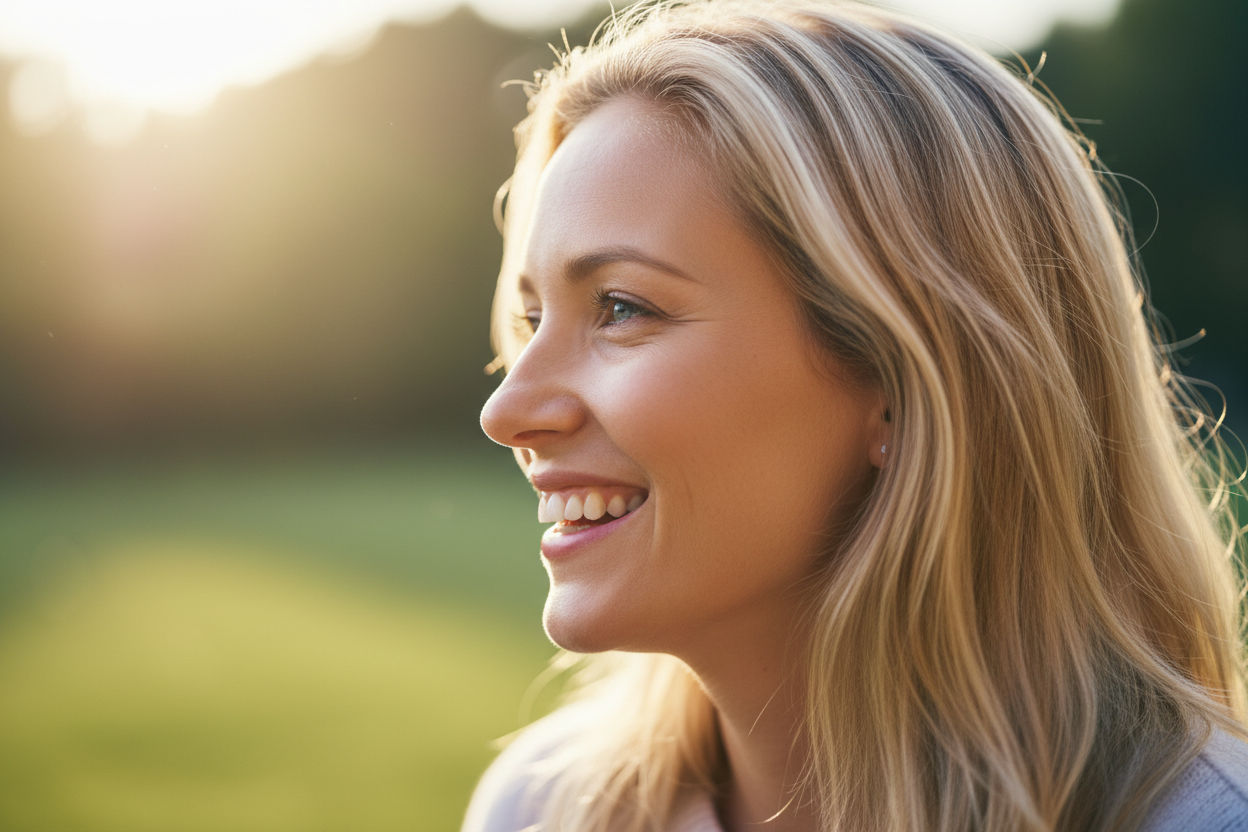 change la vue en left side, elle regarde à gauche avec un sourire de bonheur